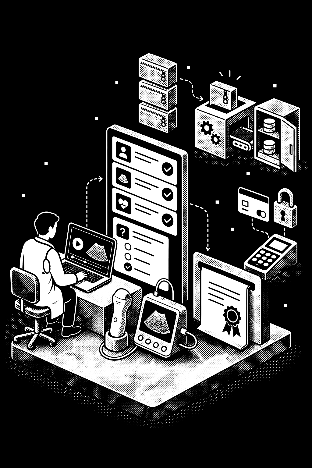 Illustration : un médecin suit un cours d’échographie en ligne, QCM, sonde et certificat