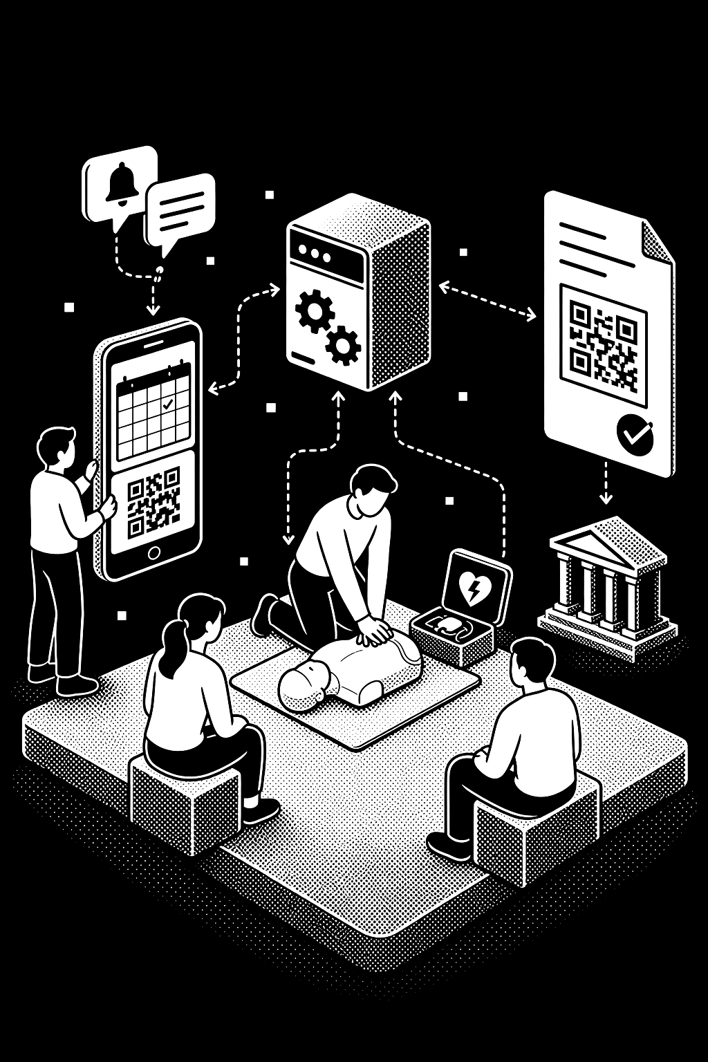 Illustration : un cours de premiers secours, réservé et payé en ligne, rappels par SMS et factures QR