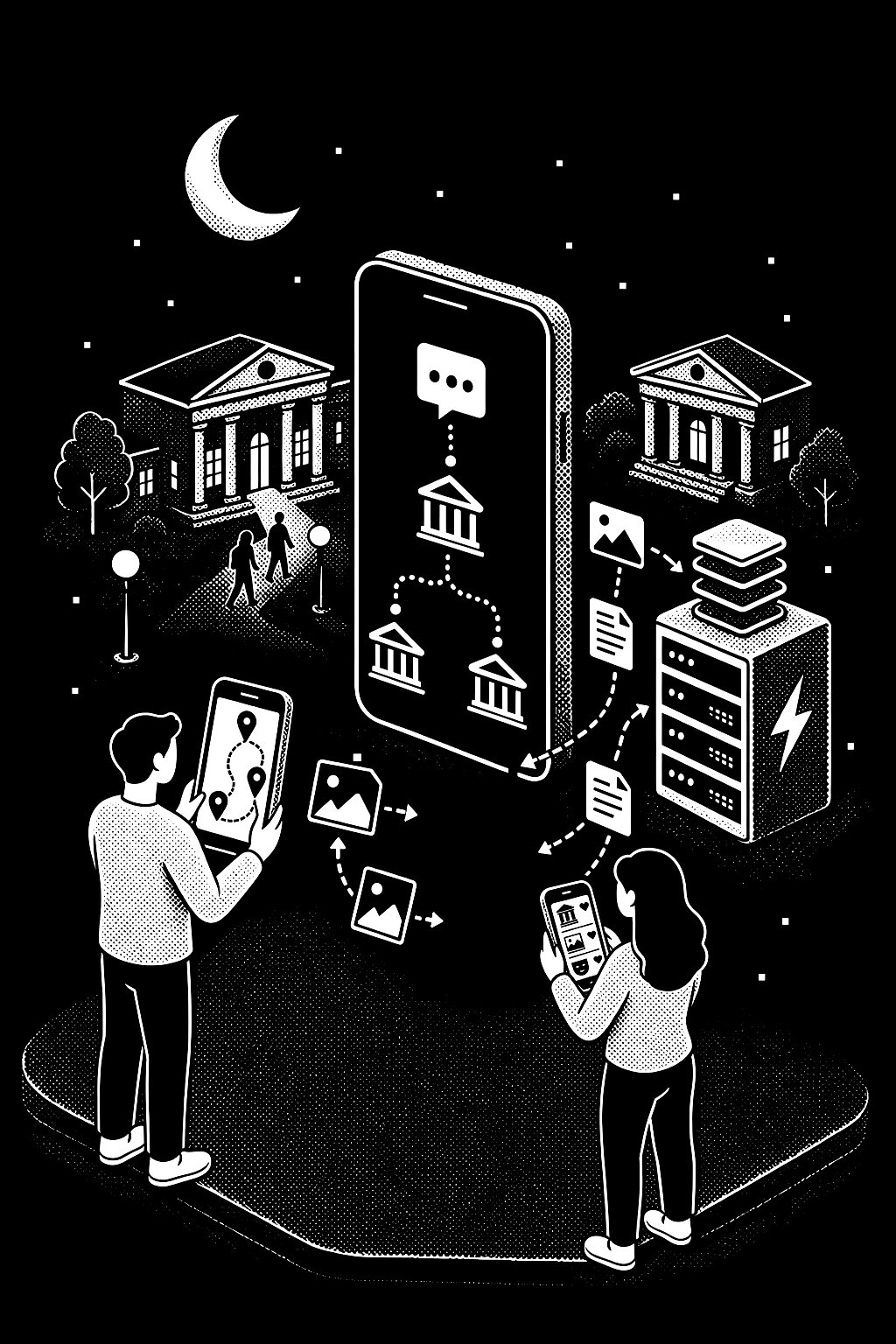 Illustration : la nuit, des visiteurs suivent sur leur téléphone un parcours généré entre les musées